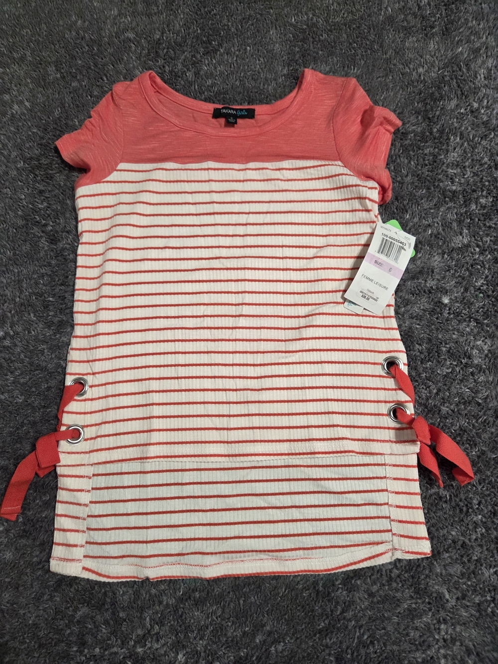 Takara Coral and White Striped Girls' Short Sleeve Top
